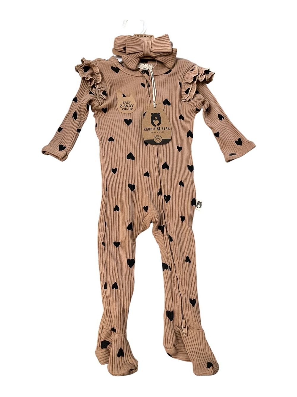 Rabbit & Bear Creamy Brown Ribbed Heart Footie with Bow